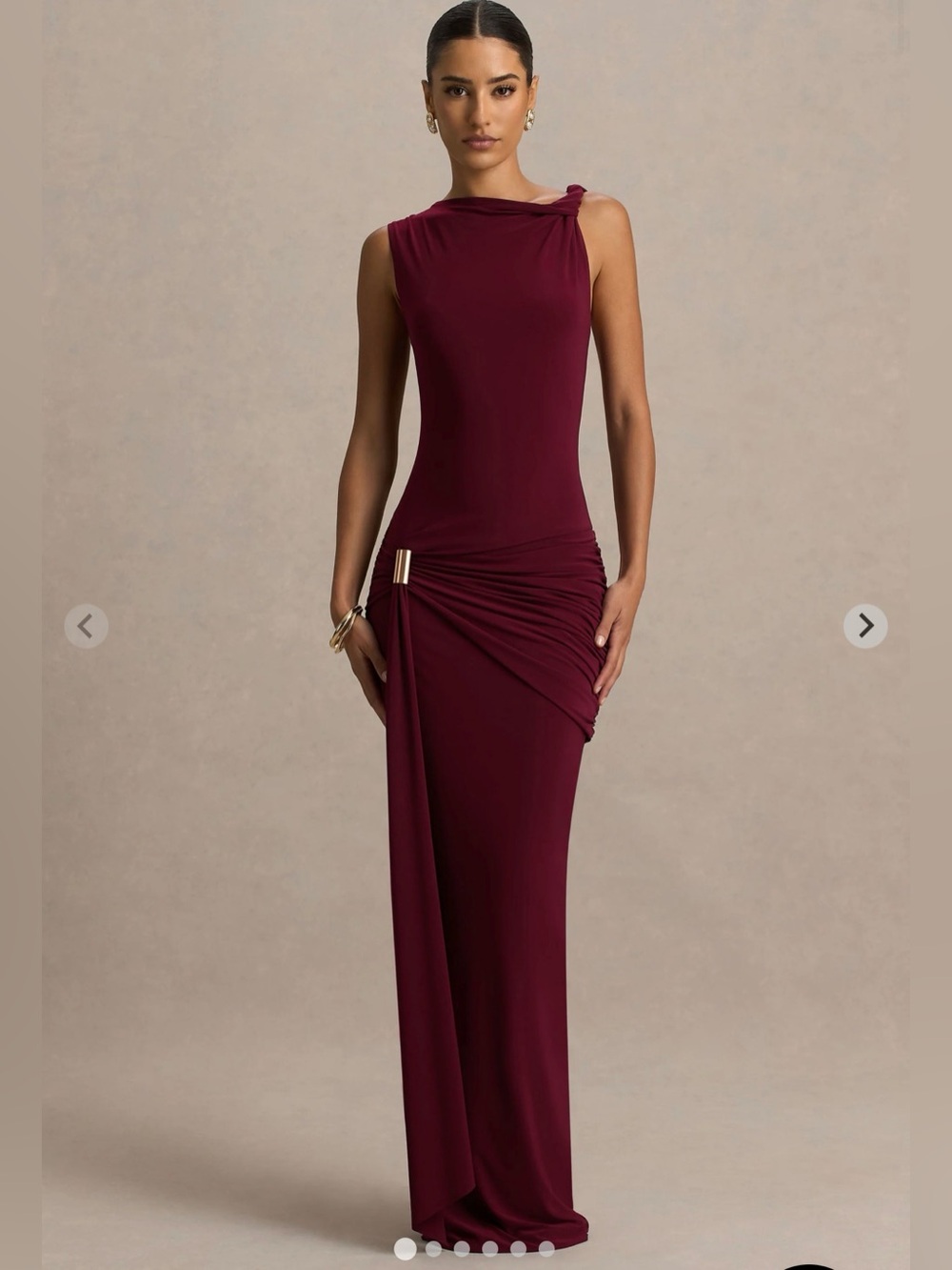 Club L London DECADENCE Burgundy High-Neck Wrapped Maxi Dress With Twist-Sleeve